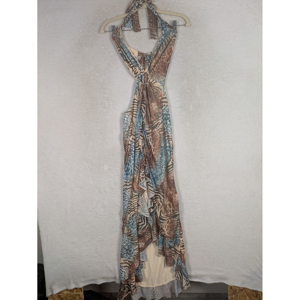 Shein Maxi Dress Women's Size S Brown Animal Print Halter O-Ring High-Low Hem